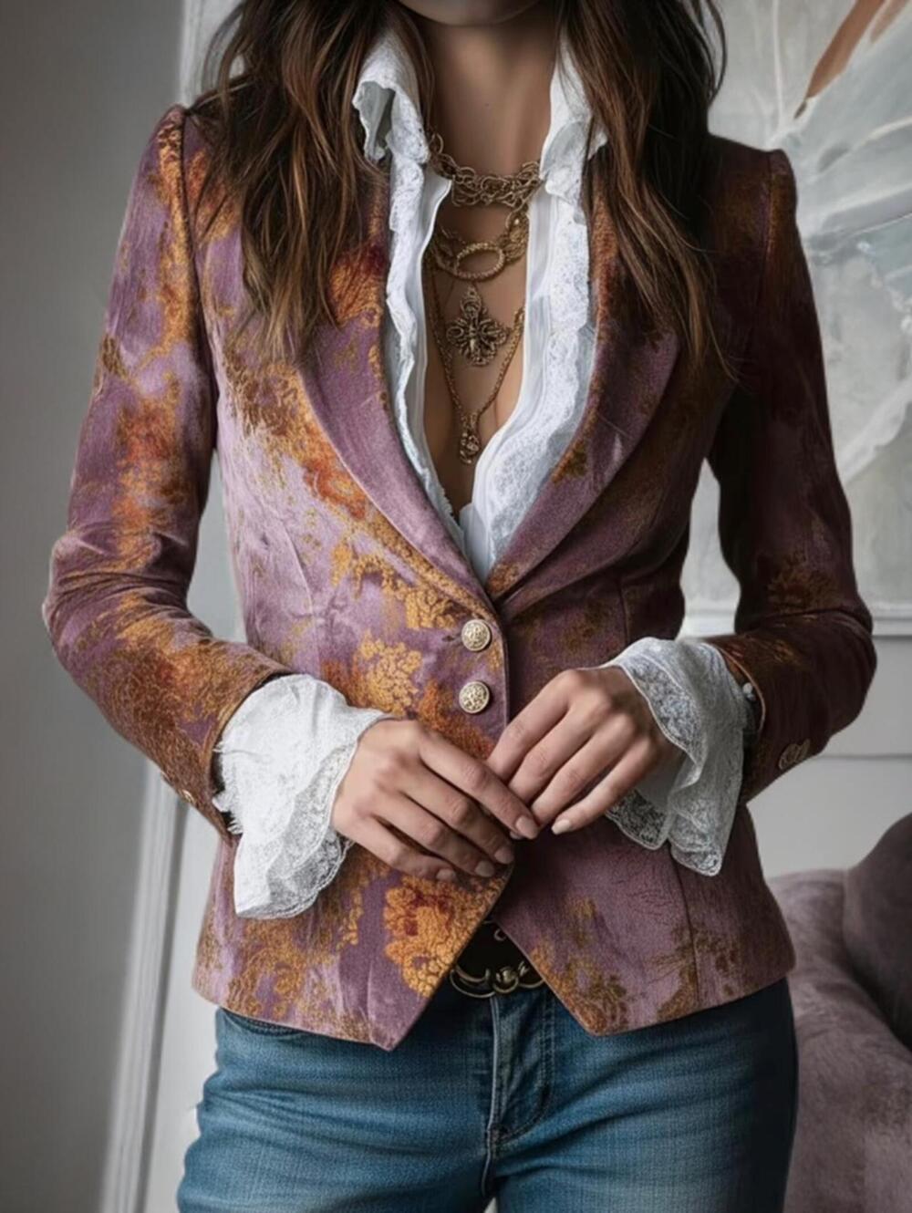 NEW Y2K Retro Vintage SZ S Velvet Single Breast Blazer Boho Multi Floral Jacket